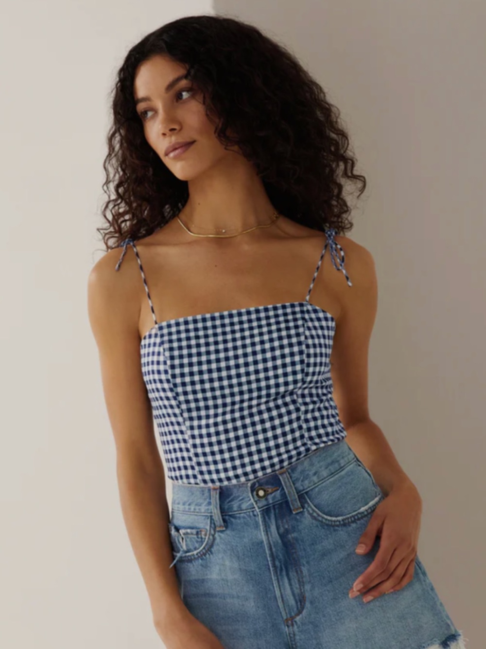 Favorite Daughter Navy and White Gingham Tie-Strap Camisole